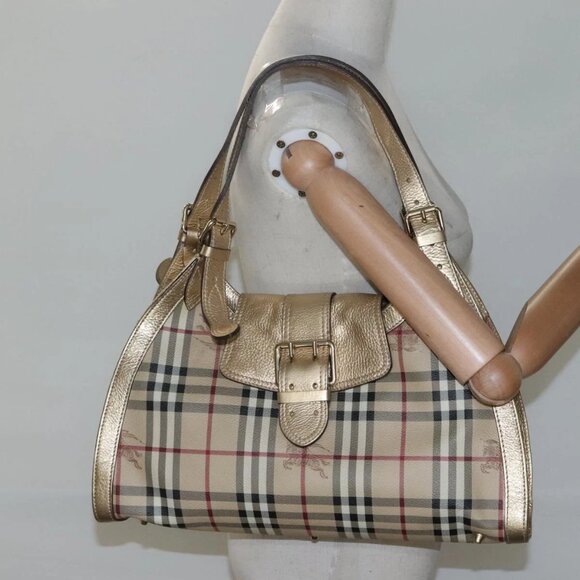 BURBERRY Nova Check Shoulder Bag PVC Beige Gold Auth - Picture 1 of 16